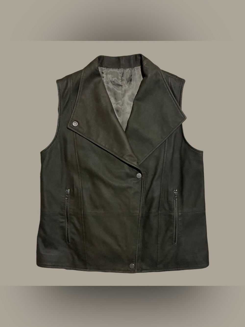 Vince Leather Vest Dark Brown Gray Brown Moto Snap Front Size S